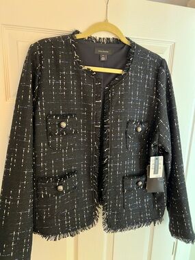 Halogen Black Tweed Fringe Jacket with White and Blue Fleck